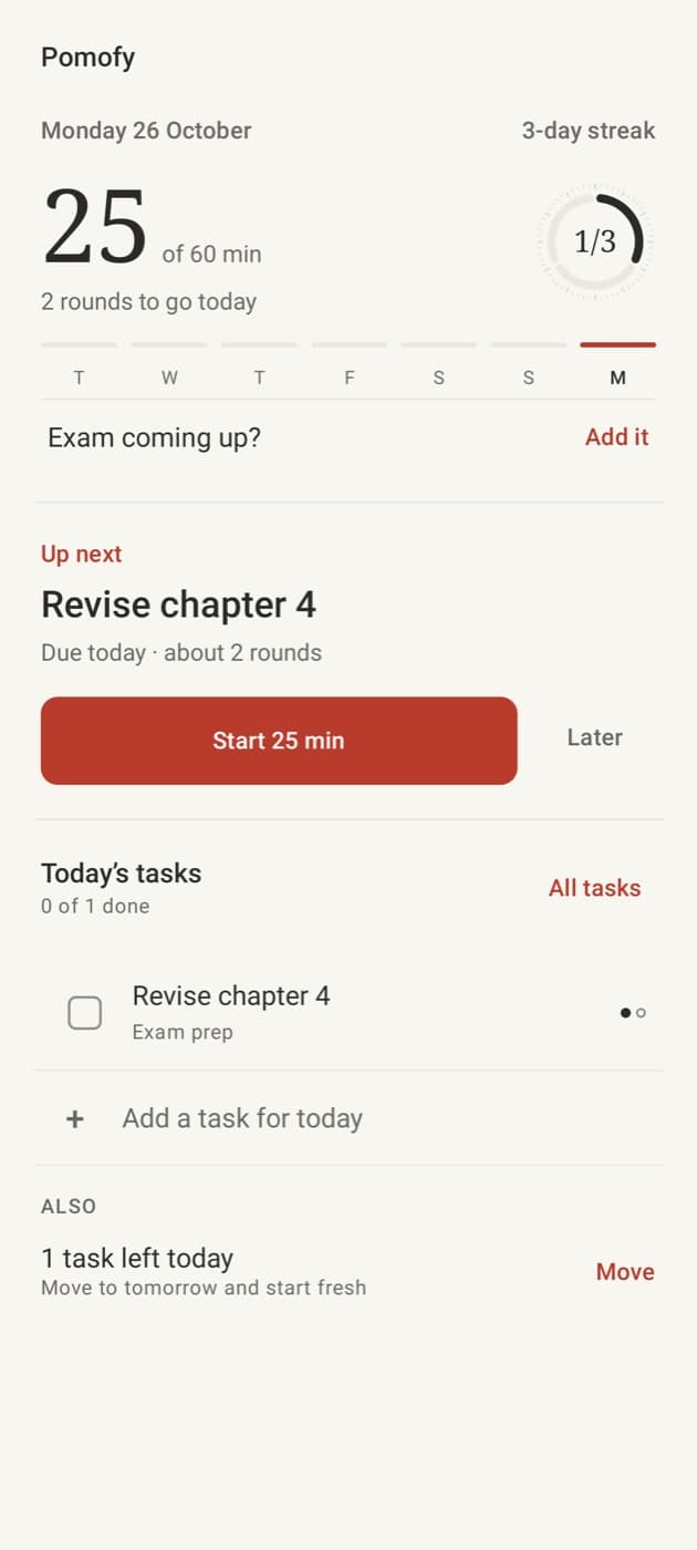 The Today page with the next task and focus time